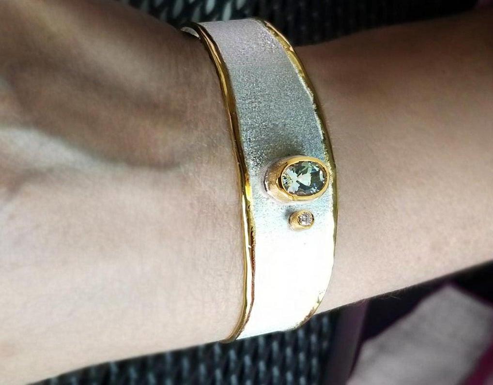 Yianni Creations Fine Silver and Gold Aquamarine and Diamond Cuff Bracelet 2