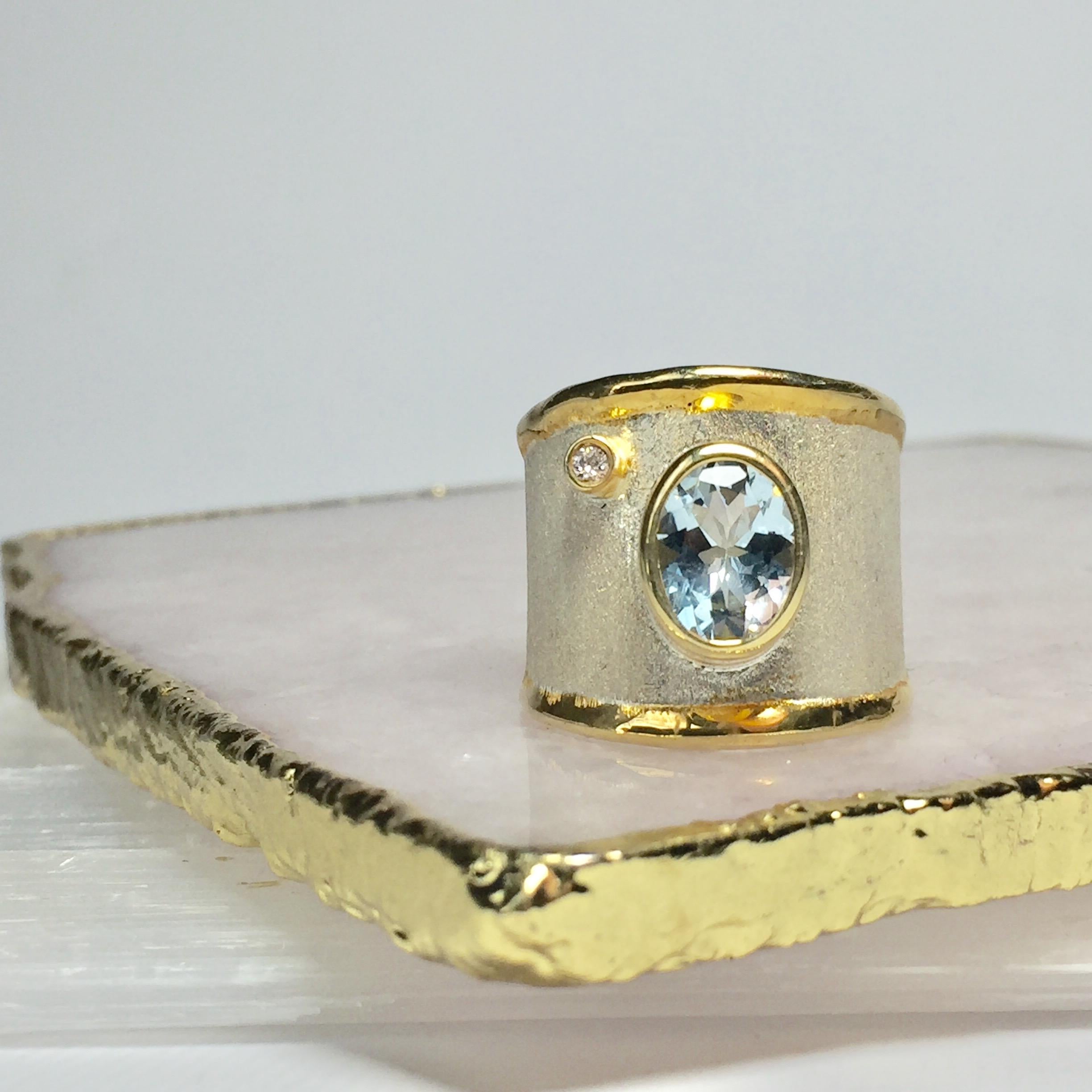 Oval Cut Yianni Creations Aquamarine and Diamond Fine Silver and Gold Two-Tone Band Ring