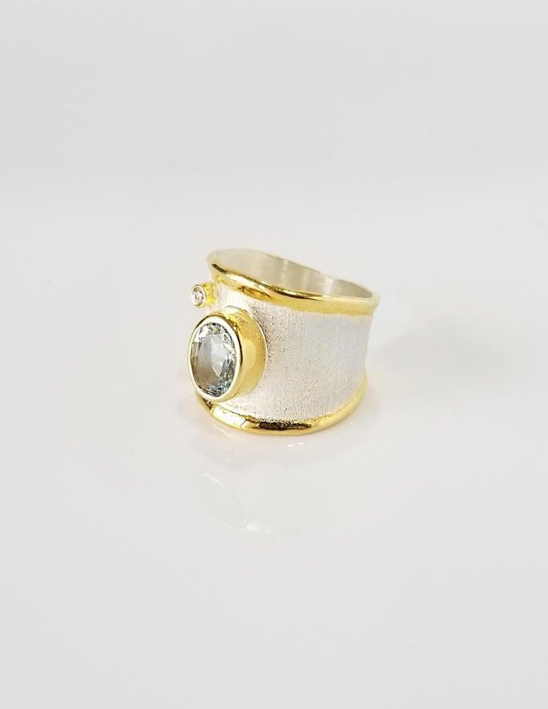 Women's or Men's Yianni Creations Aquamarine and Diamond Fine Silver and Gold Two-Tone Band Ring