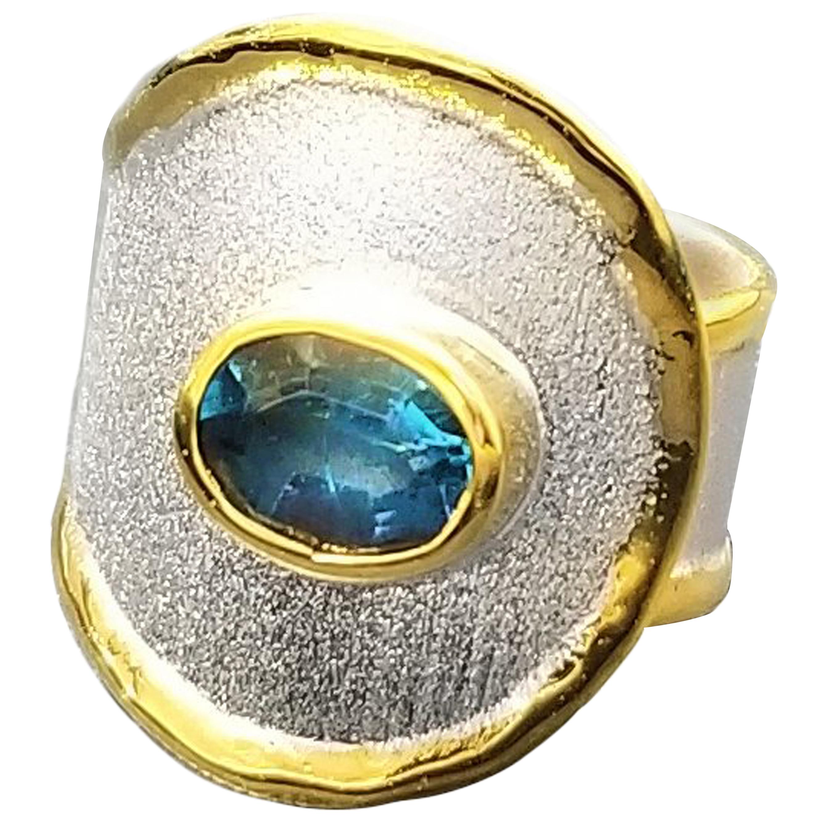 Yianni Creations Aquamarine Diamond Fine Silver and Gold  Adjustable Band Ring For Sale 3