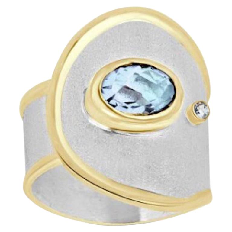 Yianni Creations Aquamarine Diamond Fine Silver and Gold  Adjustable Band Ring For Sale