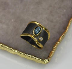 Yianni Creations Blue Topaz Diamond Fine Silver and Gold Two-Tone Wide Band Ring
