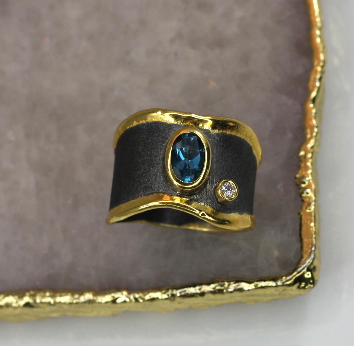 Yianni Creations Blue Topaz Diamond Fine Silver and Gold Two-Tone Wide Band Ring In New Condition For Sale In Astoria, NY