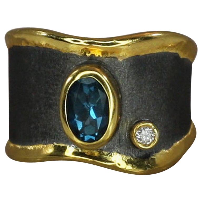 Yianni Creations Blue Topaz Diamond Fine Silver and Gold Two-Tone Wide Band Ring For Sale