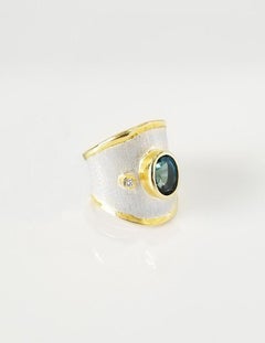 Yianni Creations London Blue Topaz and Diamond  Fine Silver and Gold Band Ring