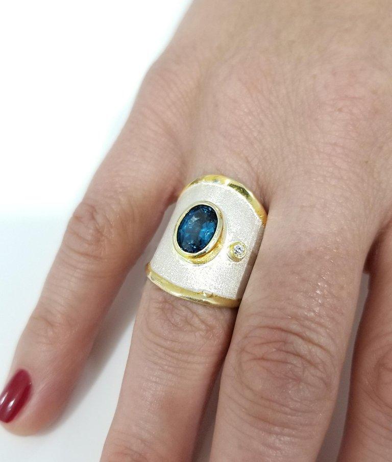 Contemporary Yianni Creations London Blue Topaz and Diamond Fine Silver and Gold  Band Ring For Sale