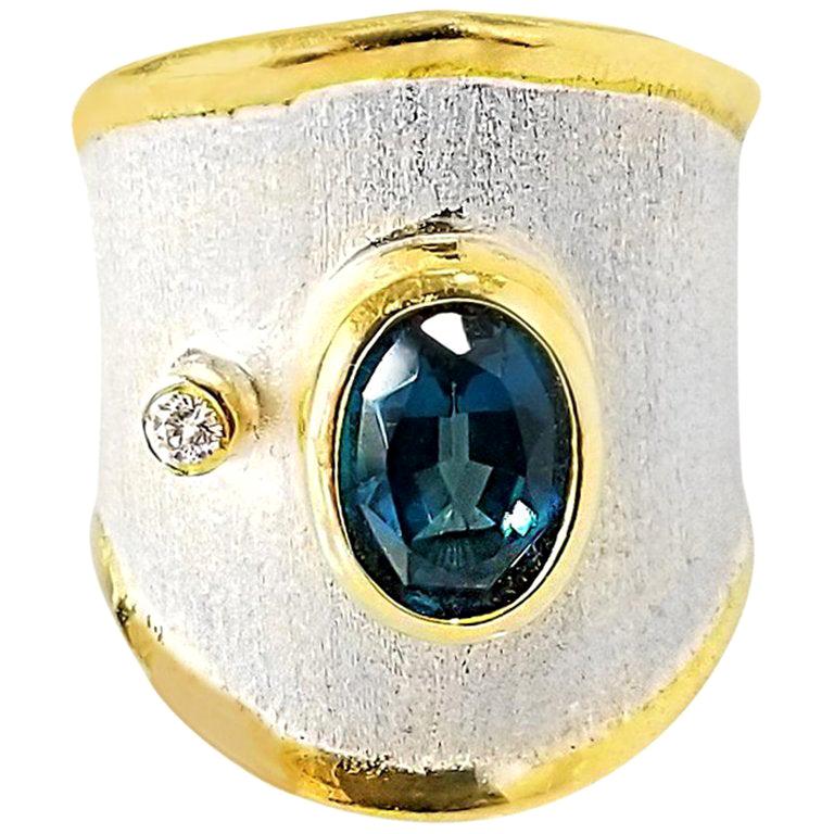 Yianni Creations London Blue Topaz and Diamond  Fine Silver and Gold Band Ring