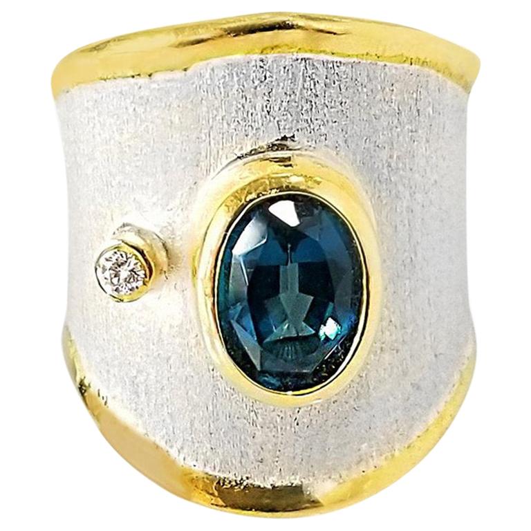 Yianni Creations London Blue Topaz and Diamond Fine Silver and Gold  Band Ring For Sale