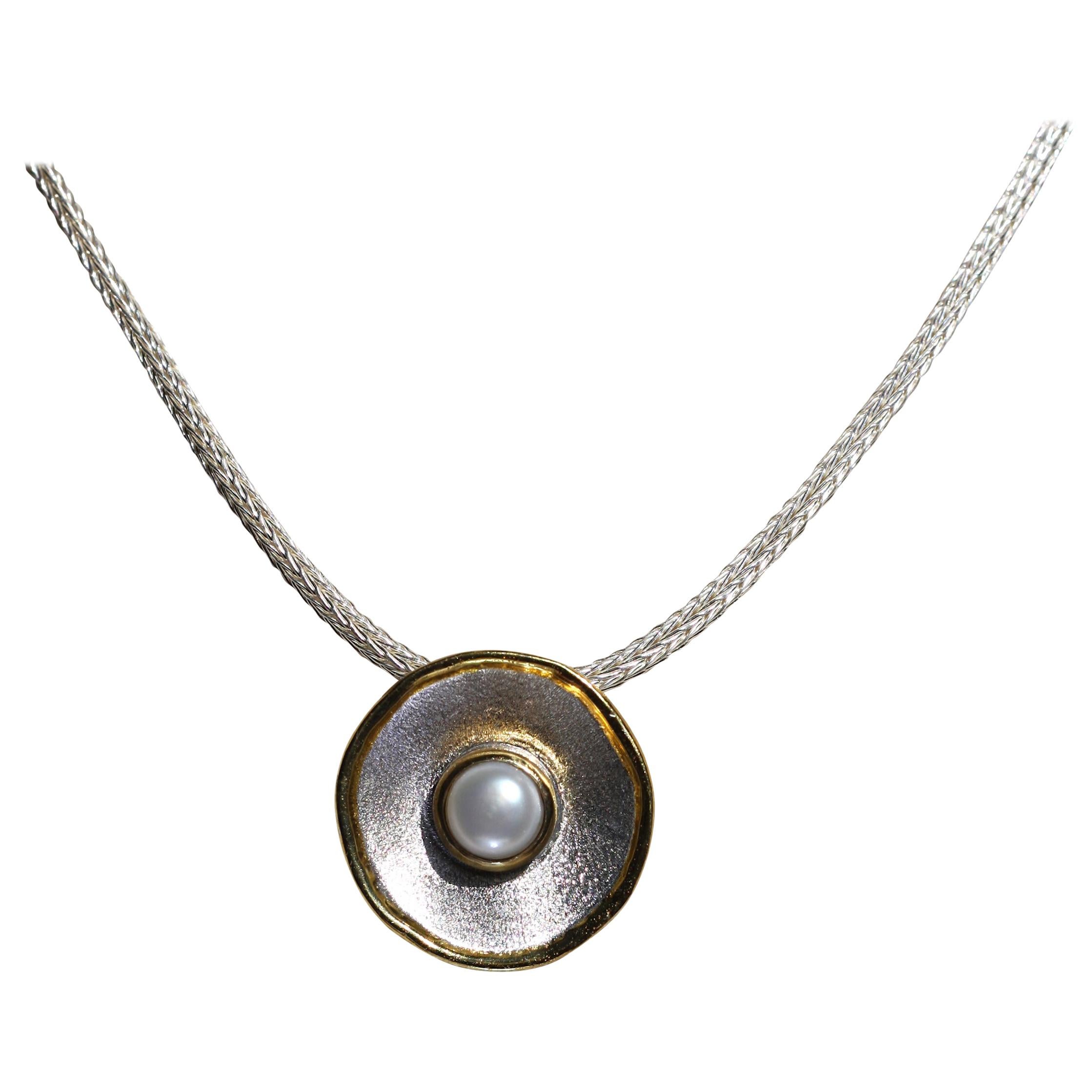 Yianni Creations Fine Silver and Gold Pearl Pendant with Rope Necklace