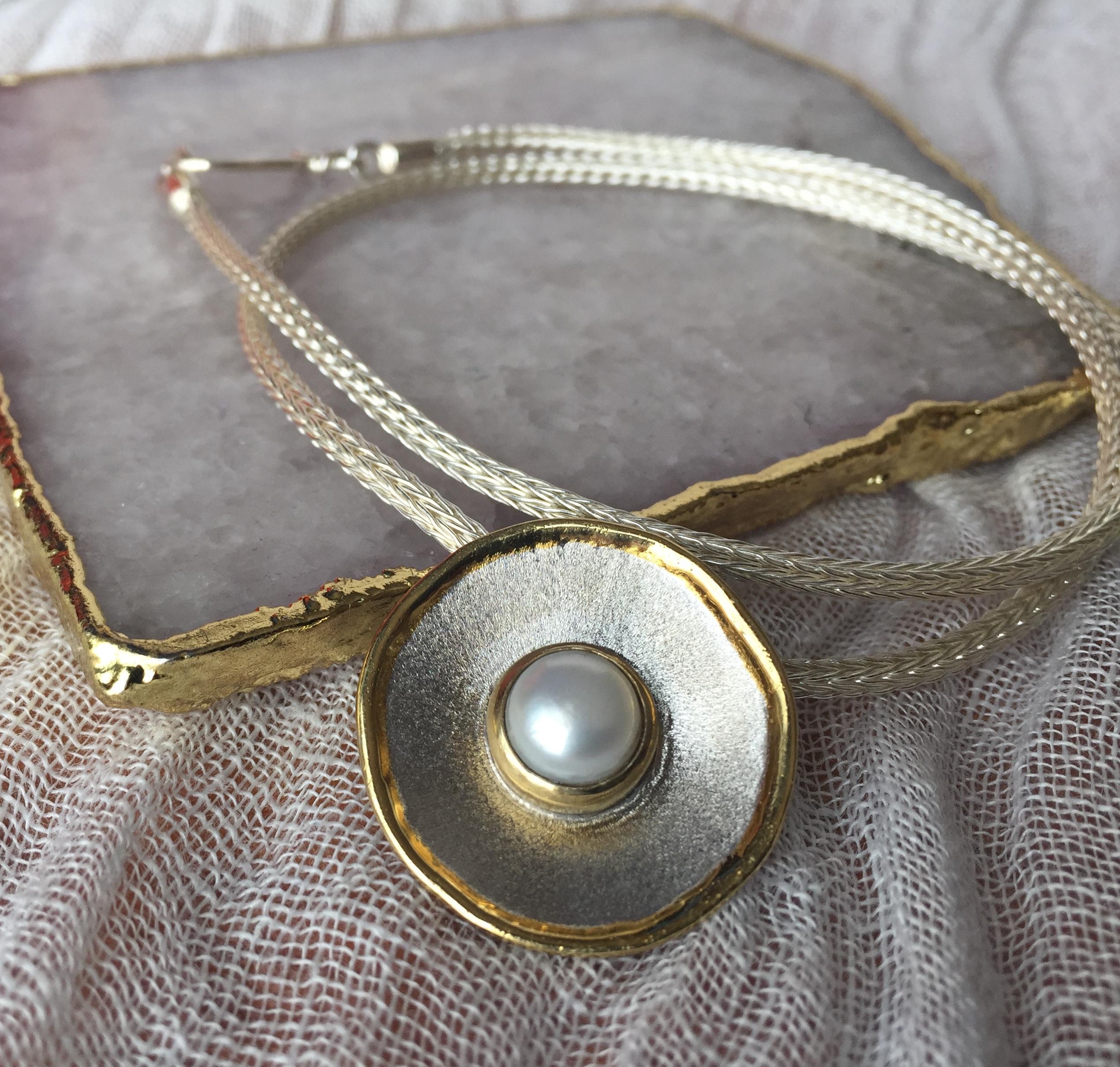 Round Cut Yianni Creations Fine Silver and Gold Pearl Pendant with Rope Necklace