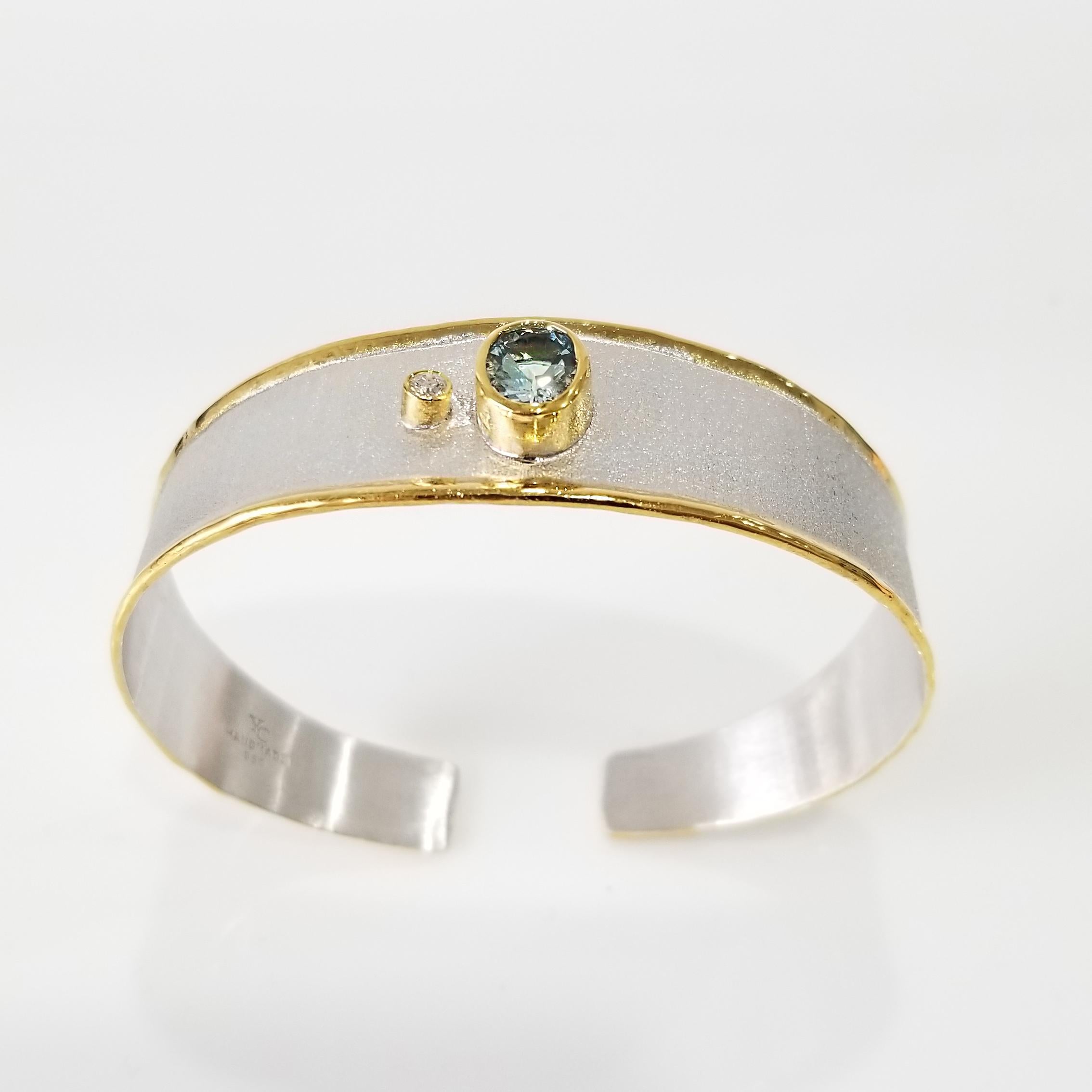 Contemporary Yianni Creations Fine Silver and Gold Two-Tone Aquamarine Diamond Cuff Bracelet For Sale