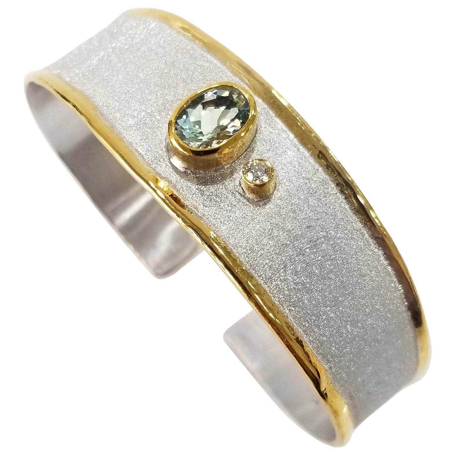 Yianni Creations Fine Silver and Gold Two-Tone Aquamarine Diamond Cuff Bracelet