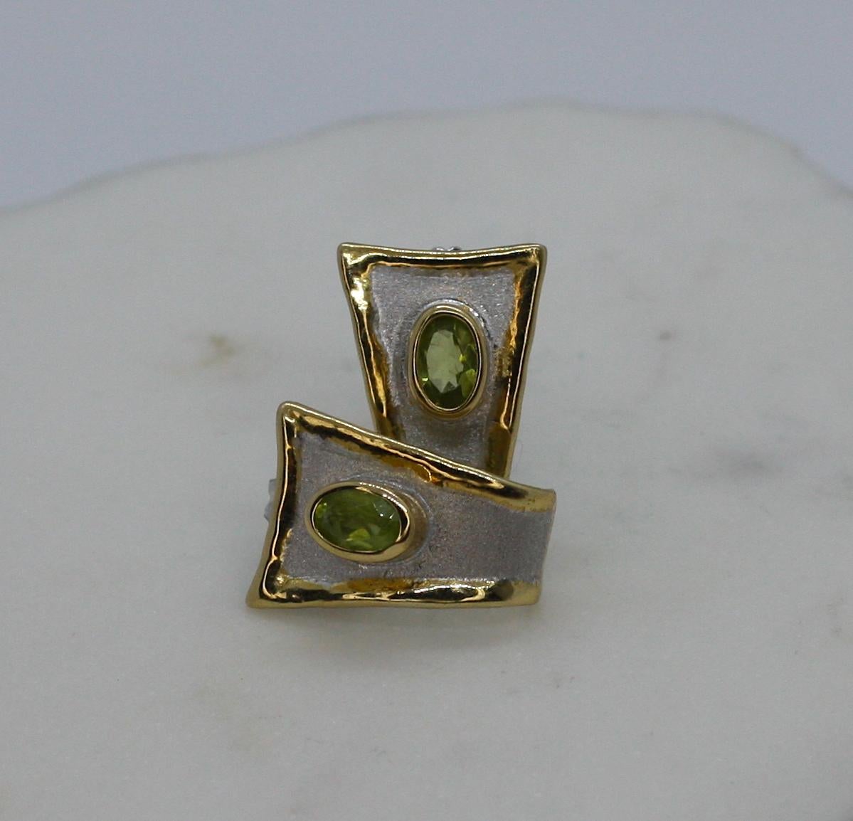 Oval Cut Yianni Creations Fine Silver and Gold Two-Tone Peridot Stud Earrings