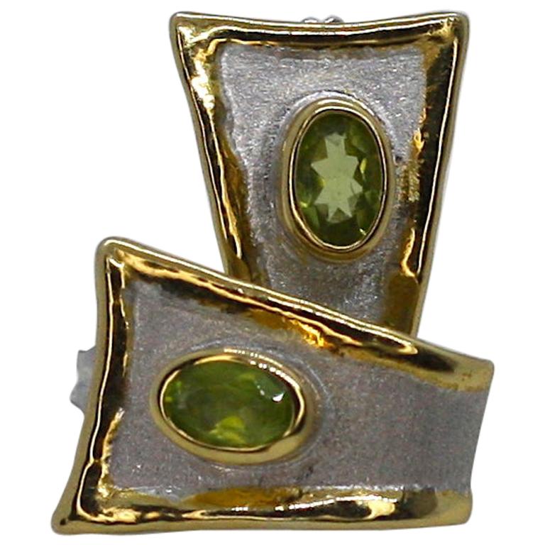 Yianni Creations Fine Silver and Gold Two-Tone Peridot Stud Earrings