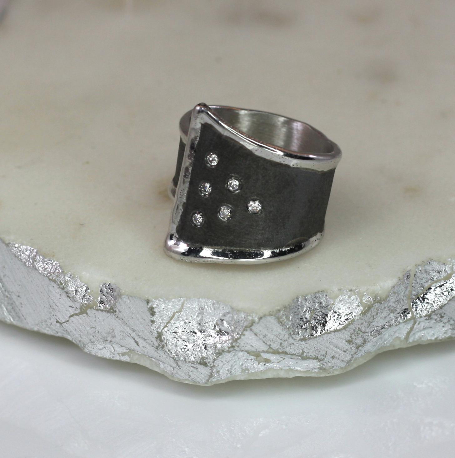 Yianni Creations Fine Silver and Oxidized Rhodium Geometric Diamonds Wide Ring 4