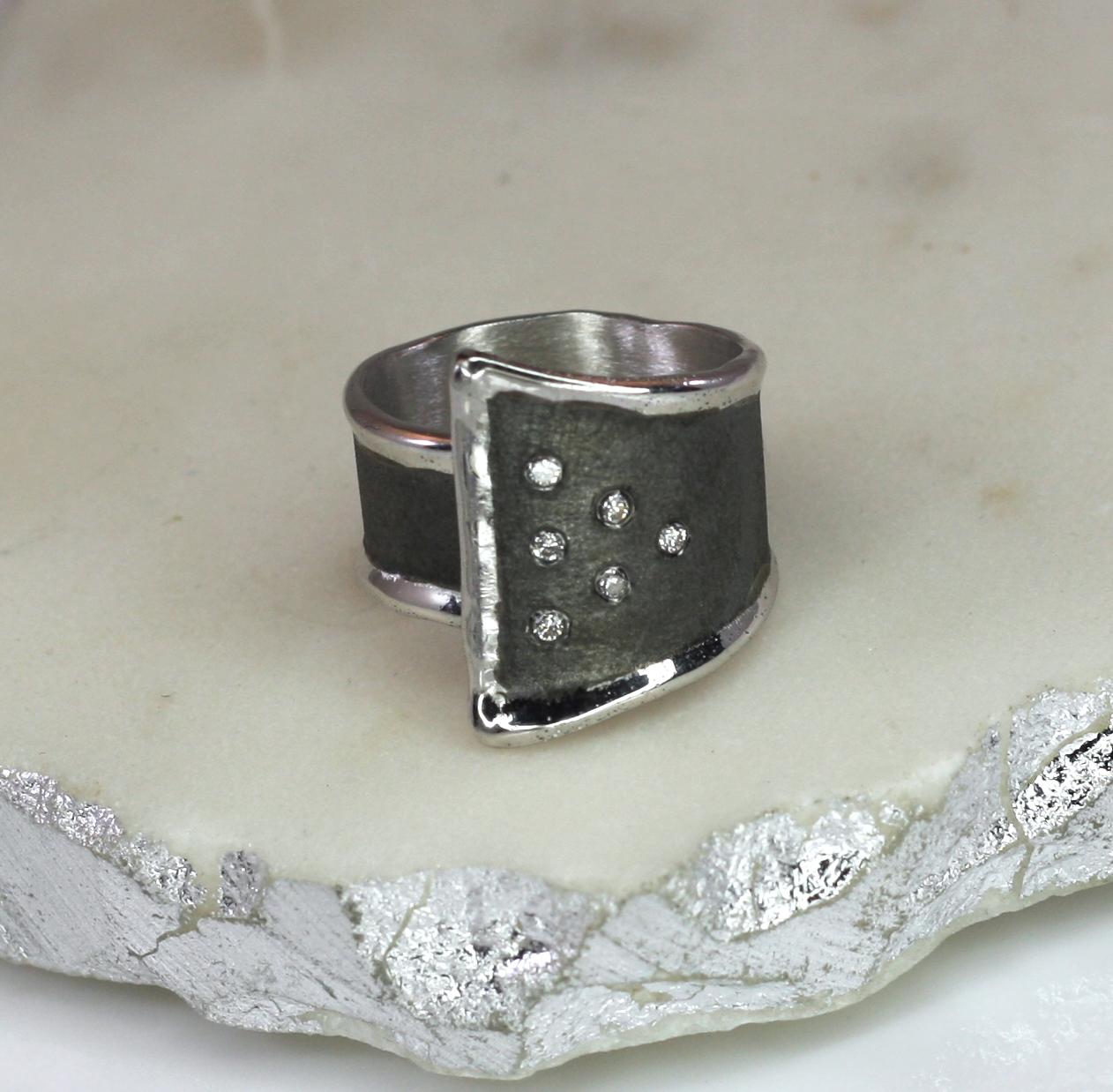 Yianni Creations Fine Silver and Oxidized Rhodium Geometric Diamonds Wide Ring 5