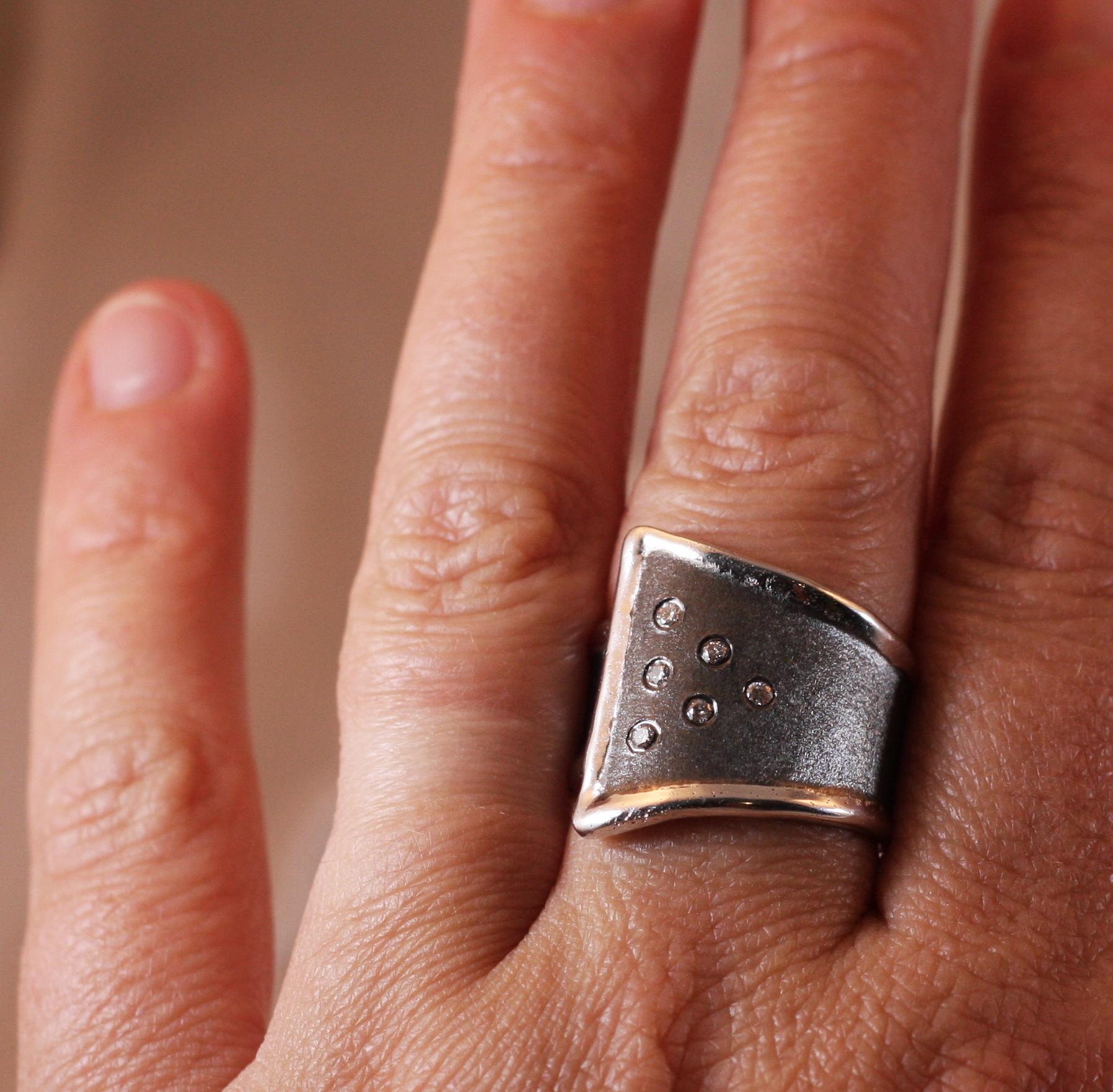 Round Cut Yianni Creations Fine Silver and Oxidized Rhodium Geometric Diamonds Wide Ring