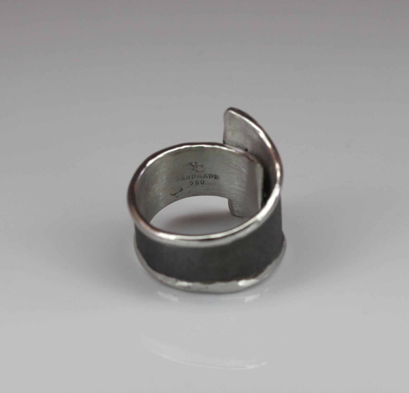 Women's or Men's Yianni Creations Fine Silver and Oxidized Rhodium Geometric Diamonds Wide Ring