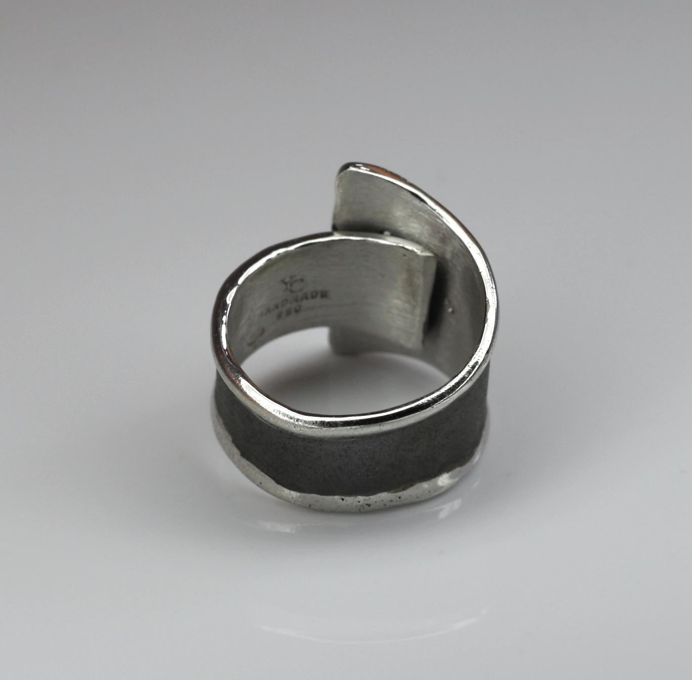 Yianni Creations Fine Silver and Oxidized Rhodium Geometric Diamonds Wide Ring 1