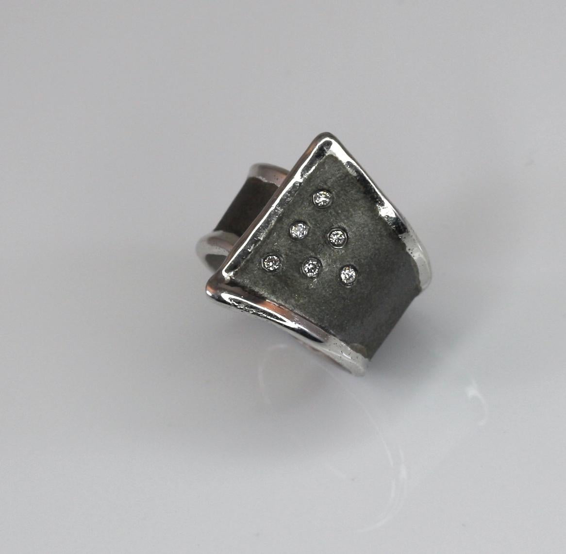 Yianni Creations Fine Silver and Oxidized Rhodium Geometric Diamonds Wide Ring 2