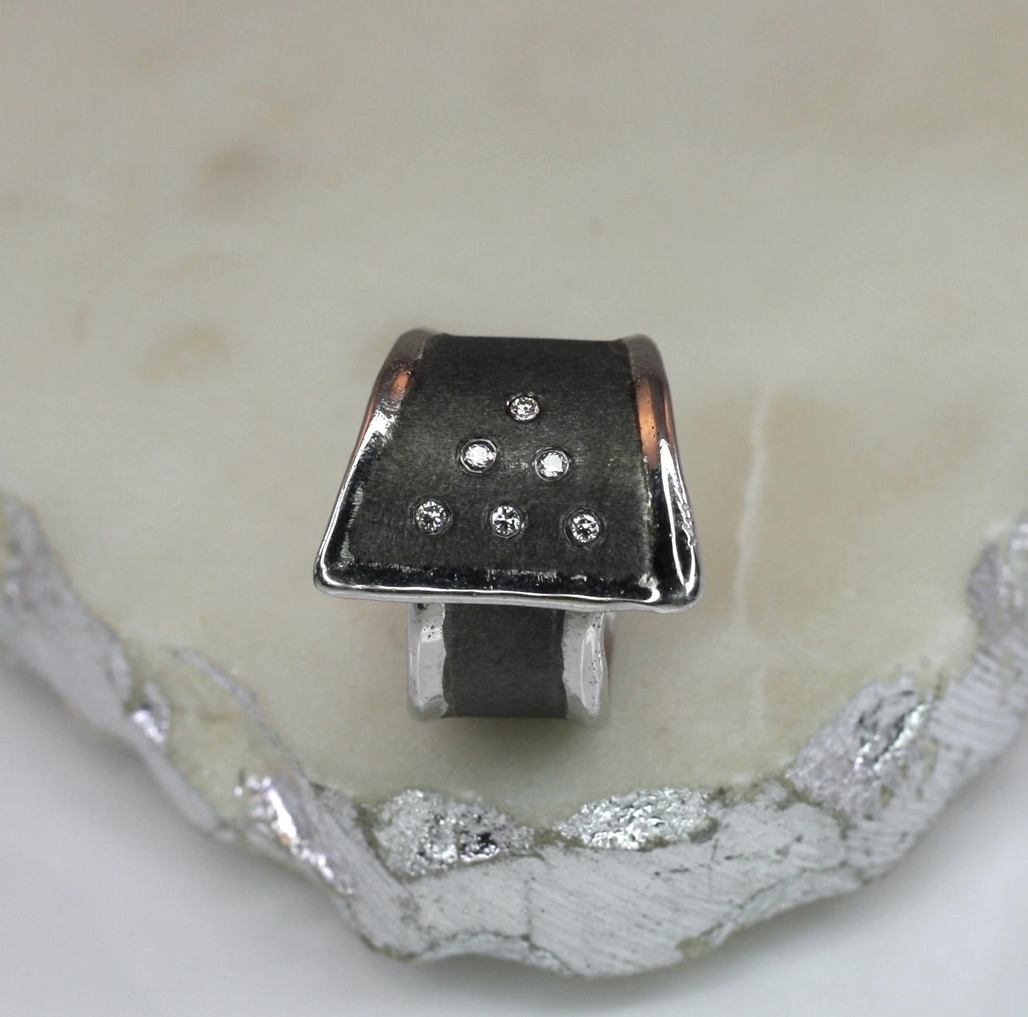 Yianni Creations Fine Silver and Oxidized Rhodium Geometric Diamonds Wide Ring 3