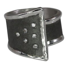 Yianni Creations Fine Silver and Oxidized Rhodium Geometric Diamonds Wide Ring
