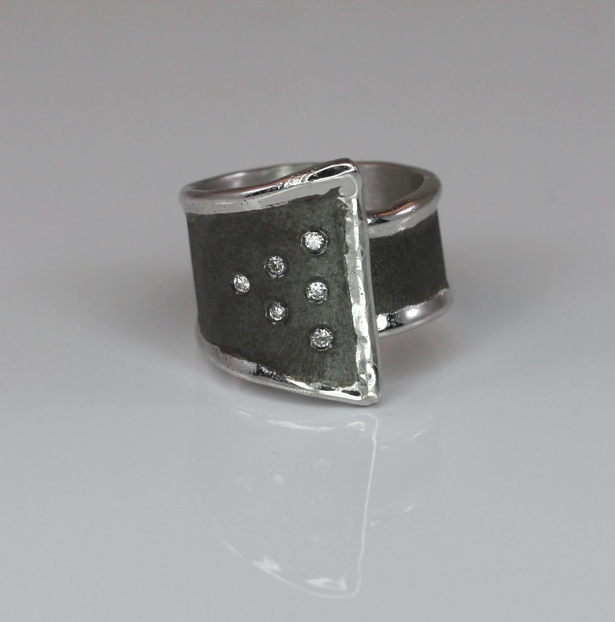 Round Cut Yianni Creations Fine Silver and Oxidized Rhodium Geometric Ring with Diamonds