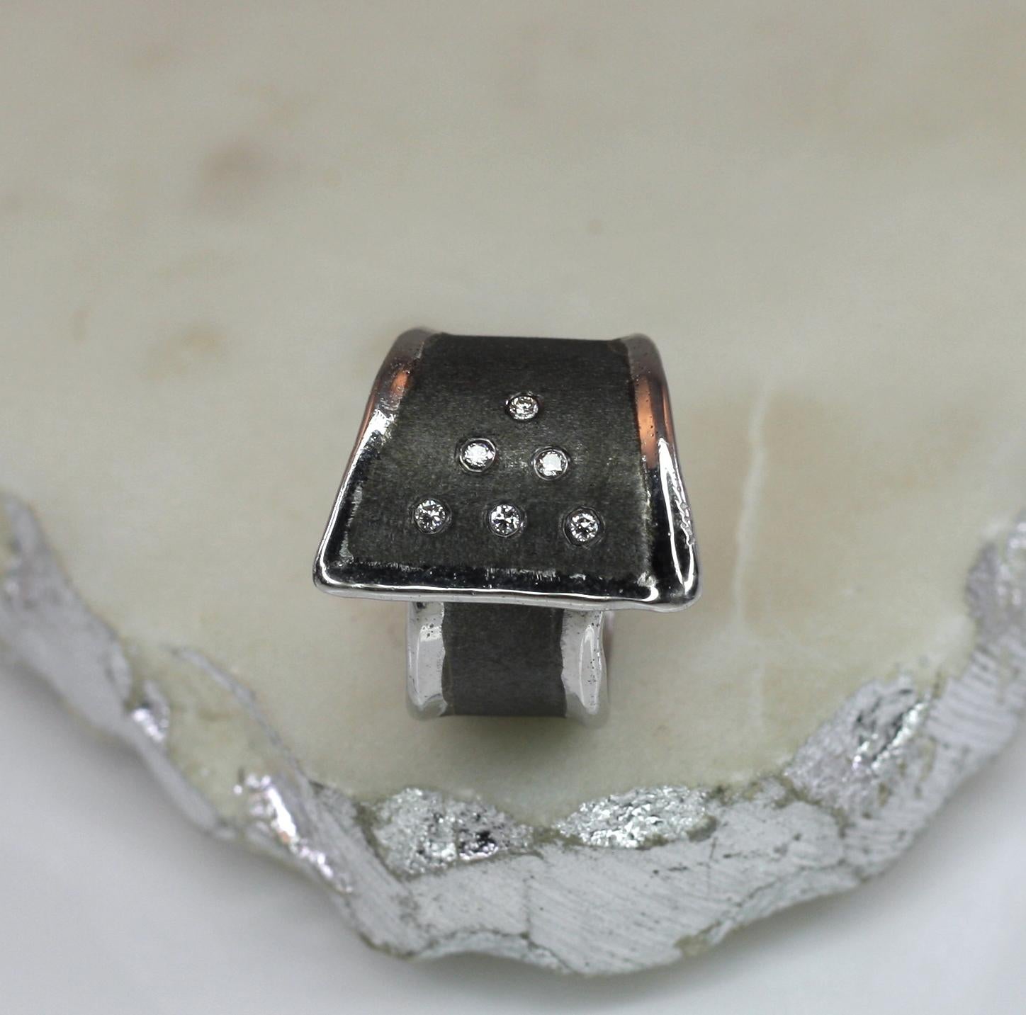 Yianni Creations Fine Silver and Oxidized Rhodium Geometric Ring with Diamonds 3