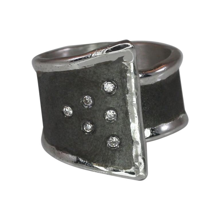 Yianni Creations Fine Silver and Oxidized Rhodium Geometric Ring with Diamonds
