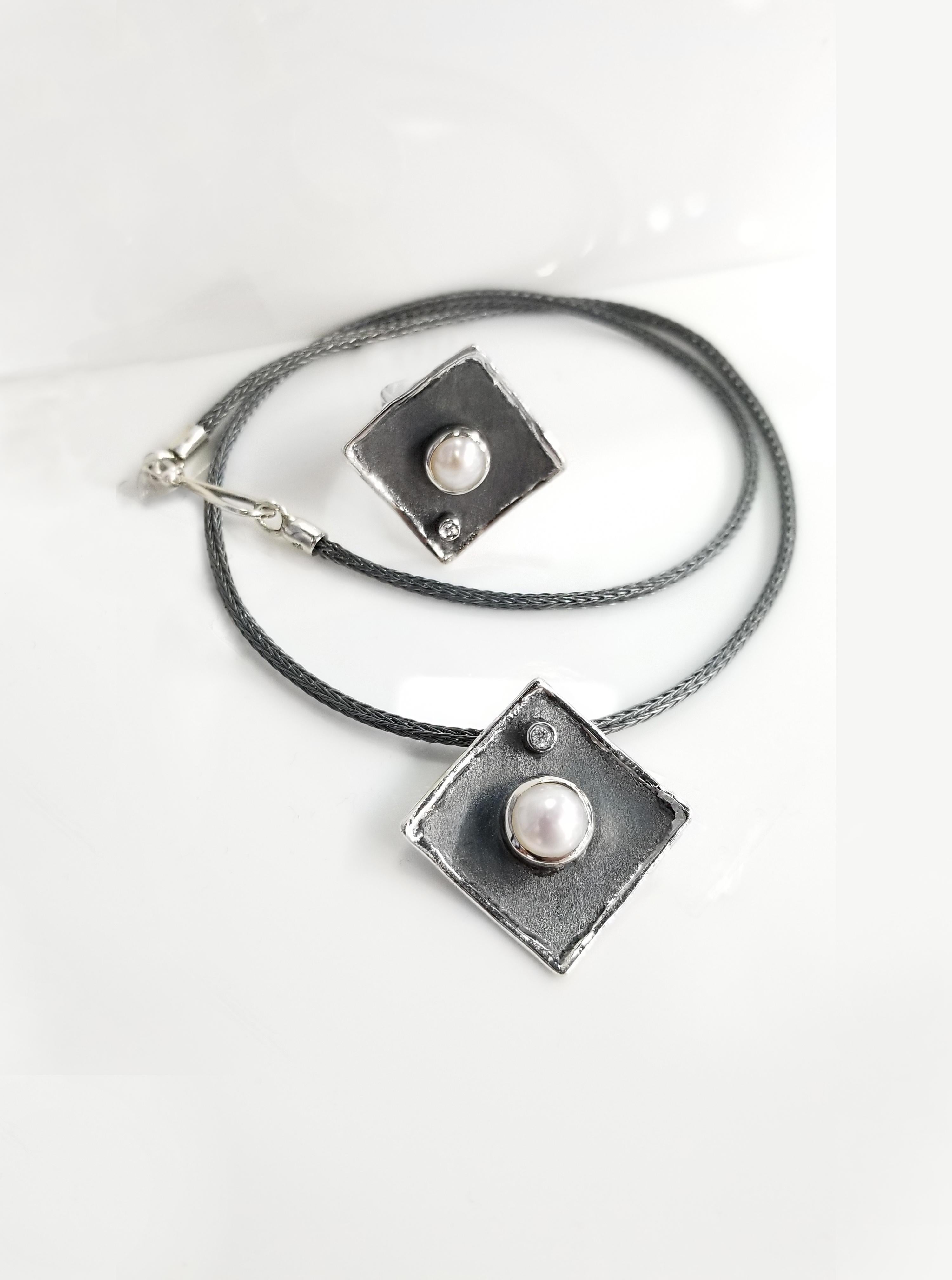 Yianni Creations Pearl Diamond Fine Silver Rhodium Geometric Pendant Necklace  For Sale 3