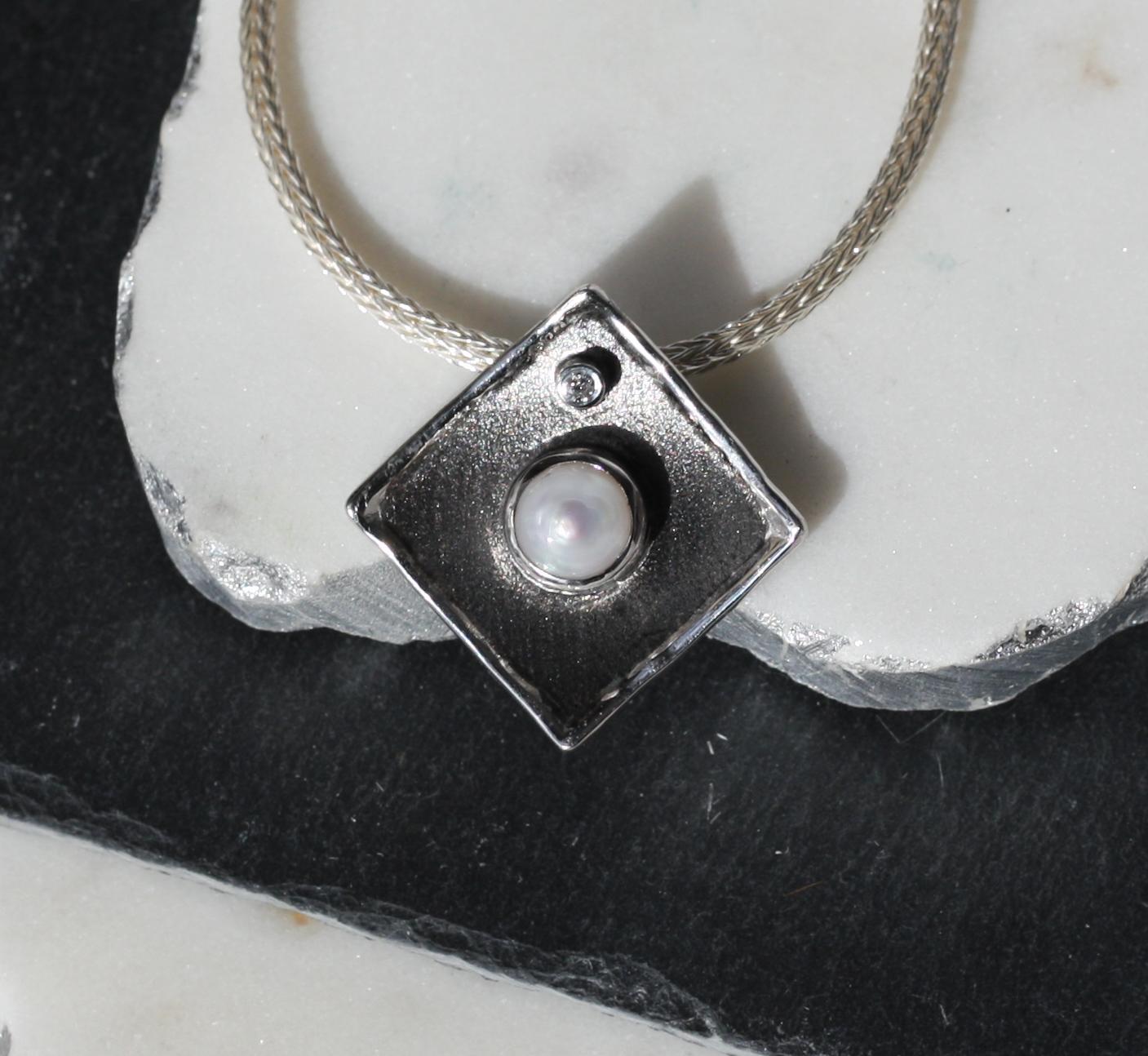 Round Cut Yianni Creations Pearl Diamond Fine Silver Rhodium Geometric Pendant Necklace  For Sale