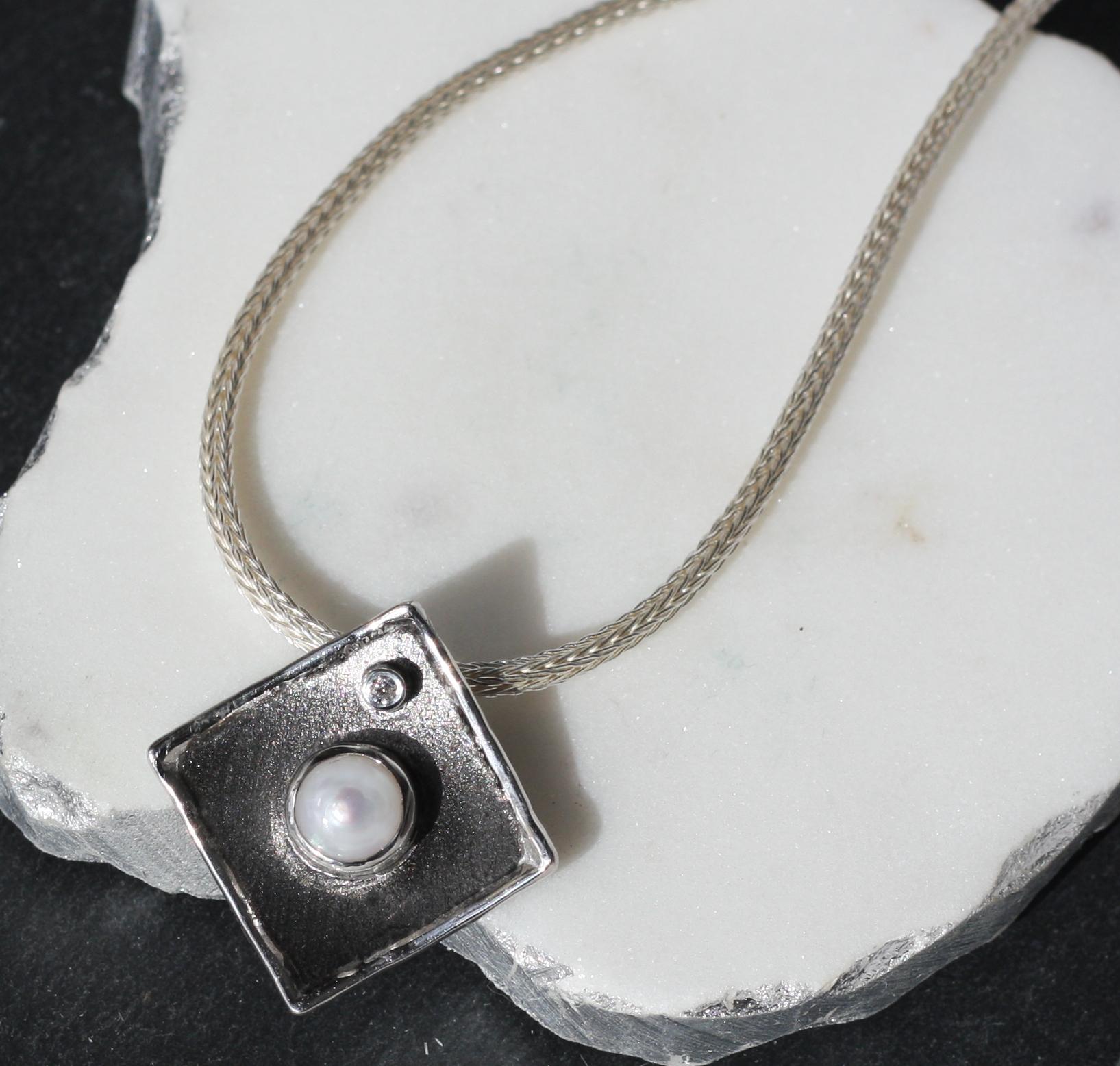 Yianni Creations Pearl Diamond Fine Silver Rhodium Geometric Pendant Necklace  In New Condition For Sale In Astoria, NY