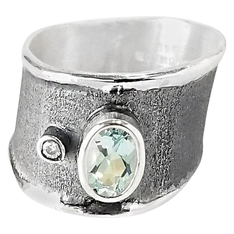 Yianni Creations Aquamarine Diamond Fine Silver  Wide Two-Tone Band Ring For Sale