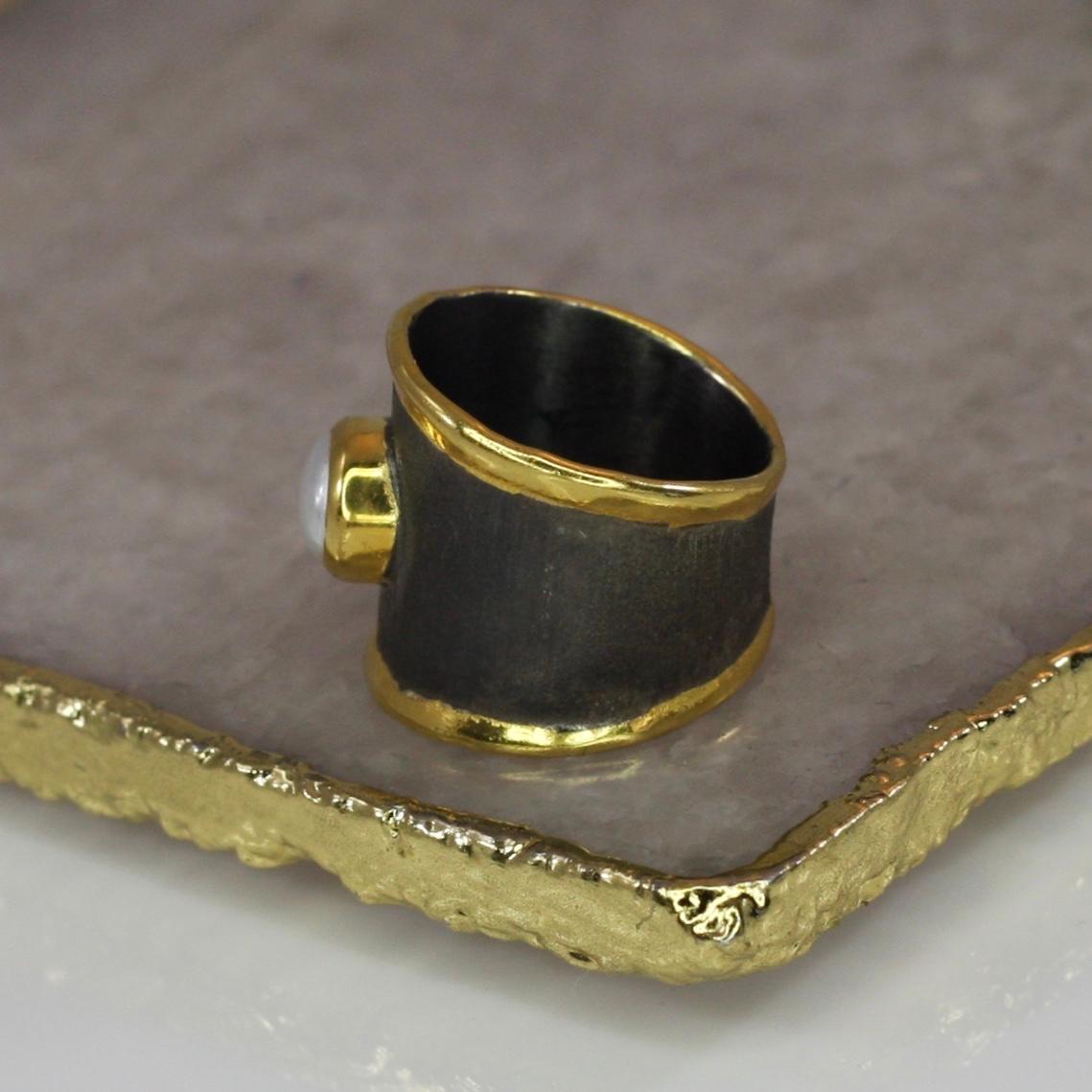 Round Cut Yianni Creations Fine Silver Artisan Ring with Pearl Black Rhodium 24 Karat Gold