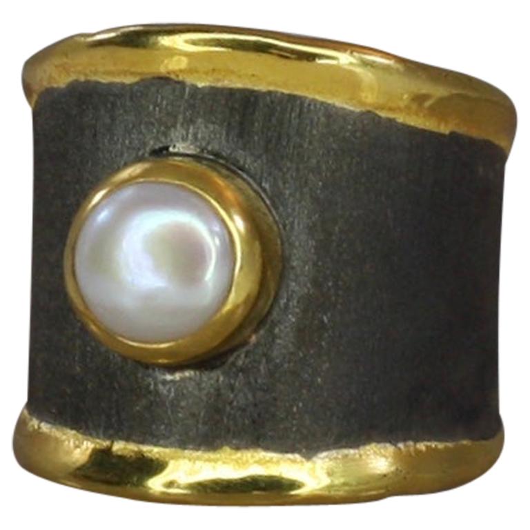 Yianni Creations Fine Silver Artisan Ring with Pearl Black Rhodium 24 Karat Gold