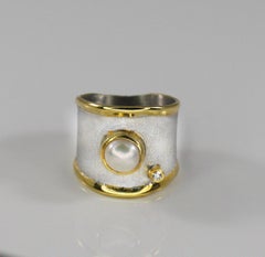 Yianni Creations Pearl  Fine Silver Diamond and 24 Karat Gold Wide Band Ring