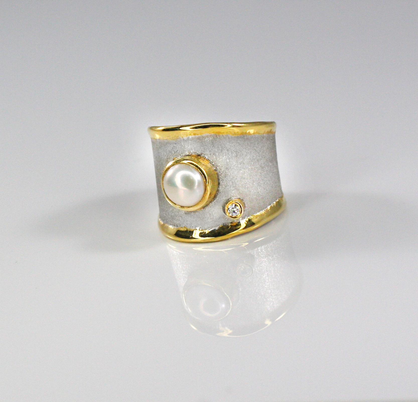 Contemporary Yianni Creations Pearl  Fine Silver Diamond and 24 Karat Gold Wide Band Ring