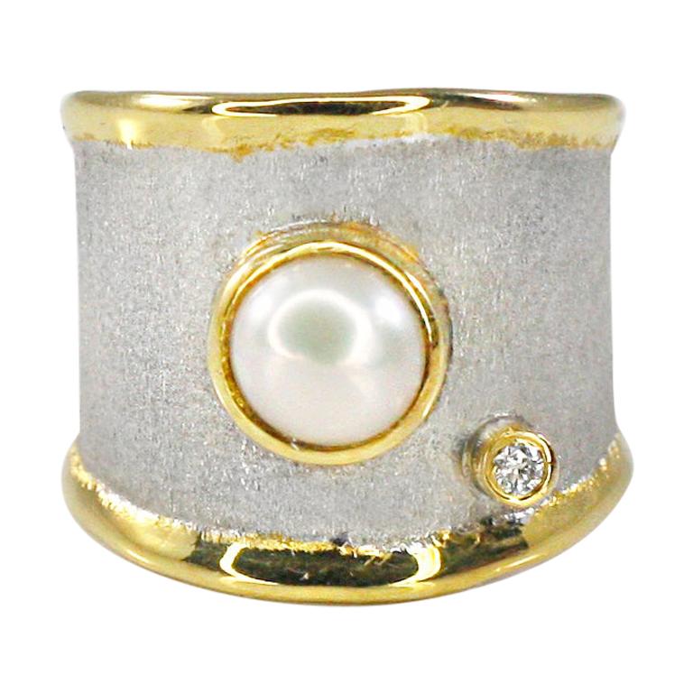 Yianni Creations Pearl  Fine Silver Diamond and 24 Karat Gold Wide Band Ring
