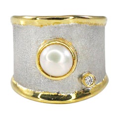 Yianni Creations Pearl  Fine Silver Diamond and 24 Karat Gold Wide Band Ring