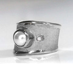 Yianni Creations Pearl and Diamond Fine Silver Artisan Wide Band Ring
