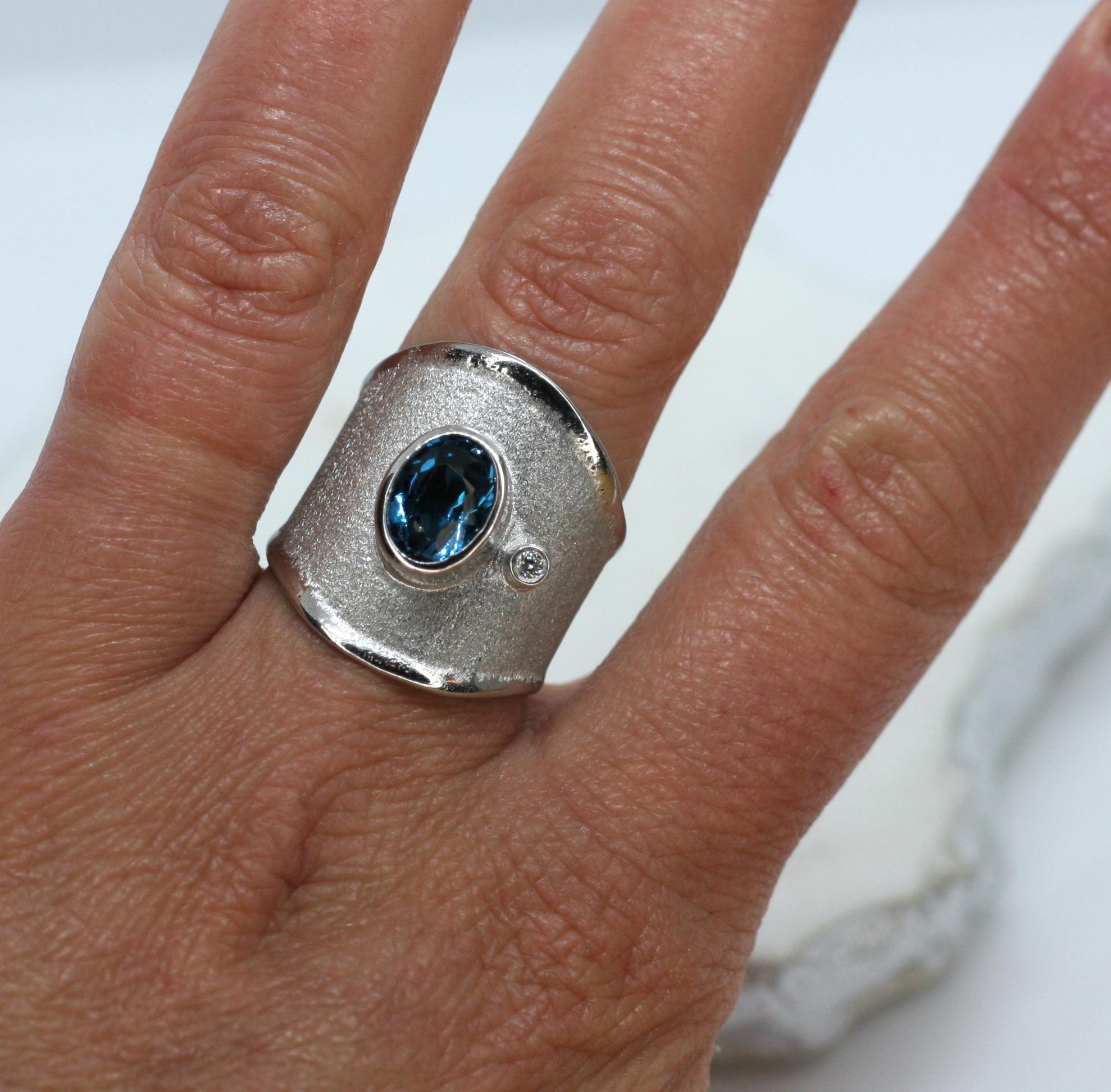 Contemporary Yianni Creations London Blue Topaz and White Diamond Fine Silver Wide Band Ring For Sale