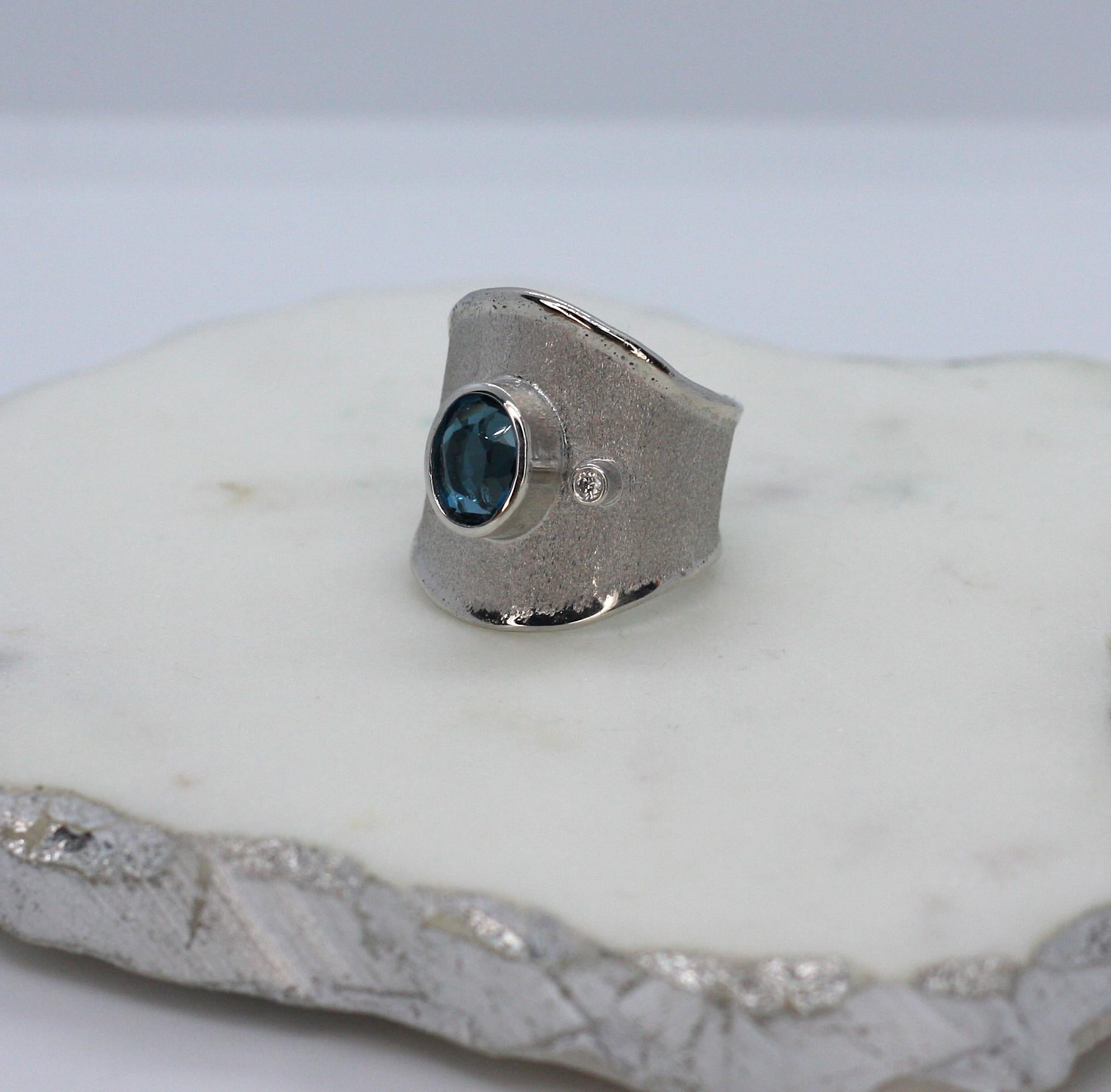 Yianni Creations London Blue Topaz and White Diamond Fine Silver Wide Band Ring In New Condition For Sale In Astoria, NY