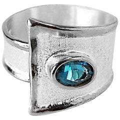 Yianni Creations London Blue Topaz Fine Silver Adjustable Unique Wide Band Ring