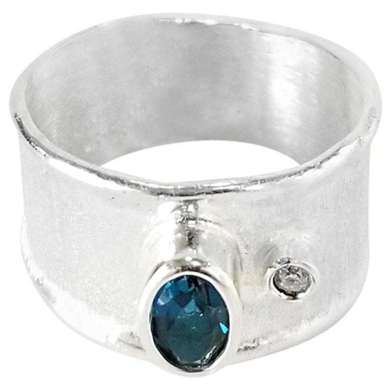 Yianni Creations London Blue Topaz and Diamond  Fine Silver Thin Wide Band Ring