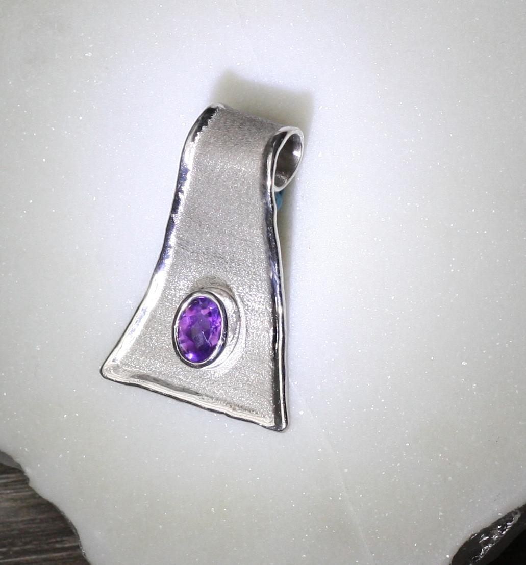 Yianni Creations Oval Amethyst Fine Silver Handmade Long Drop Pendant Necklace 4