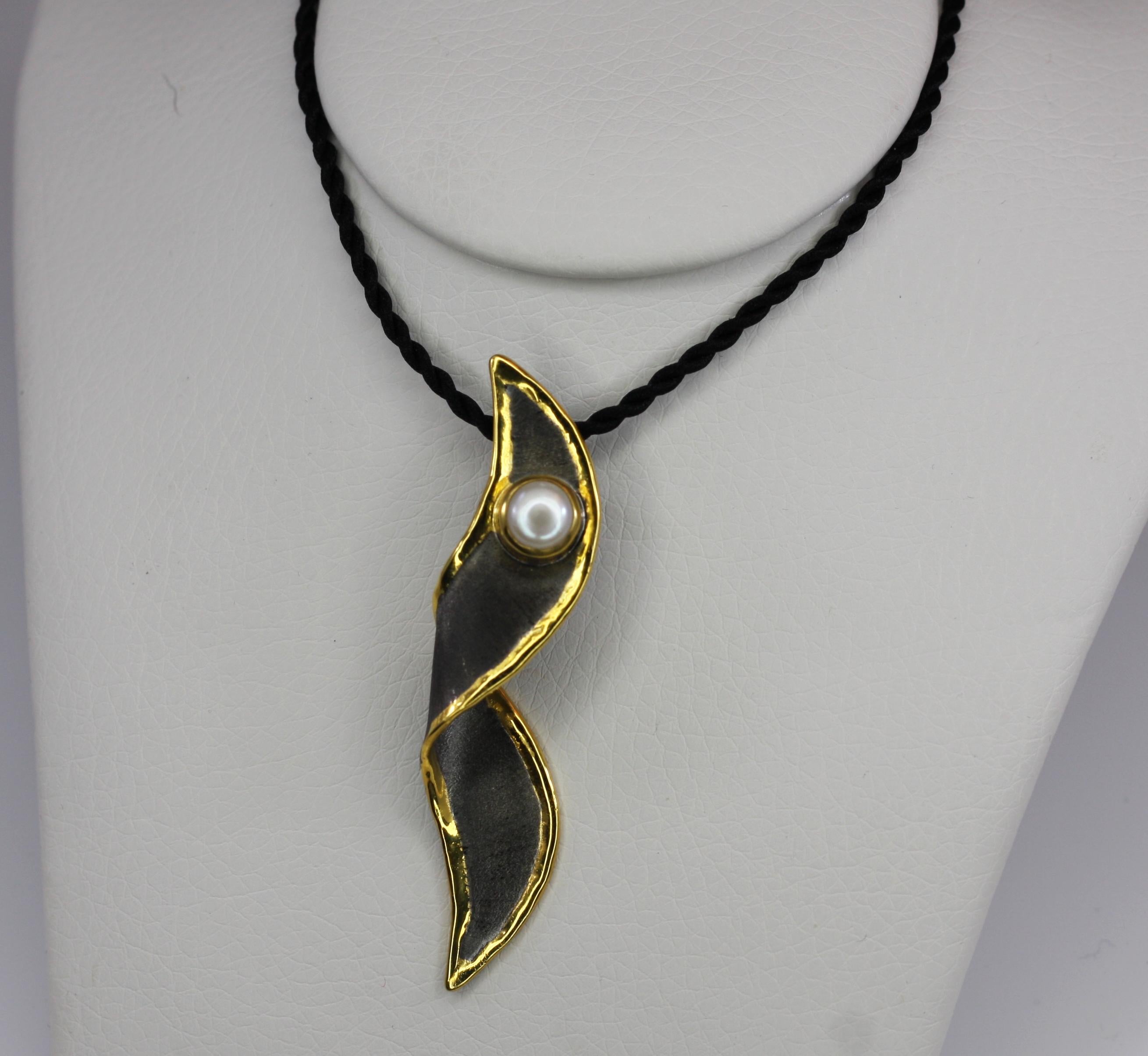 Contemporary Yianni Creations Pearl  Fine Silver Finished with Black Rhodium and Gold Pendant For Sale