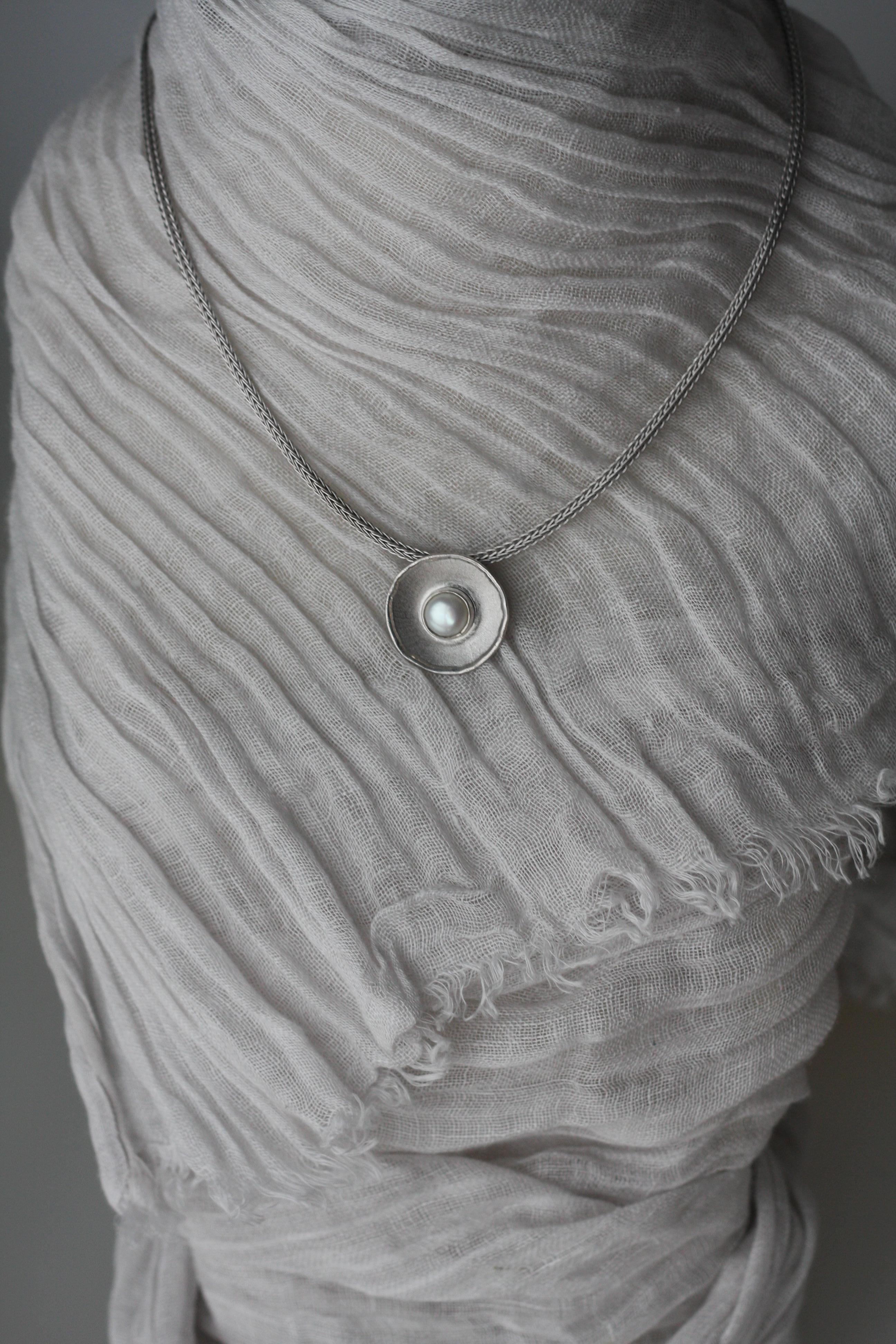 Yianni Creations Pearl Fine Silver Artisan Round Pendant For Sale 5