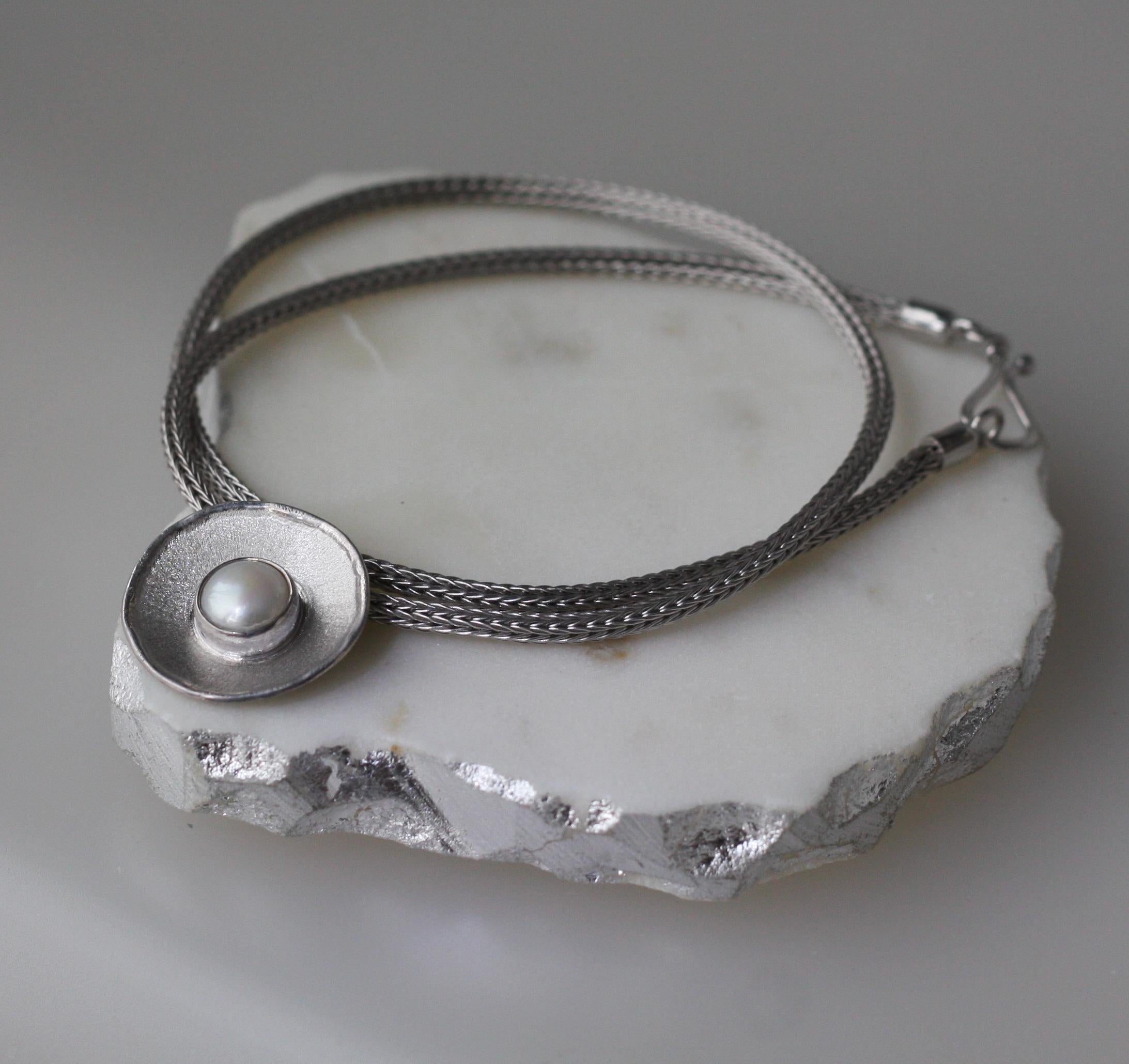 Yianni Creations Pearl Fine Silver Artisan Round Pendant For Sale 2