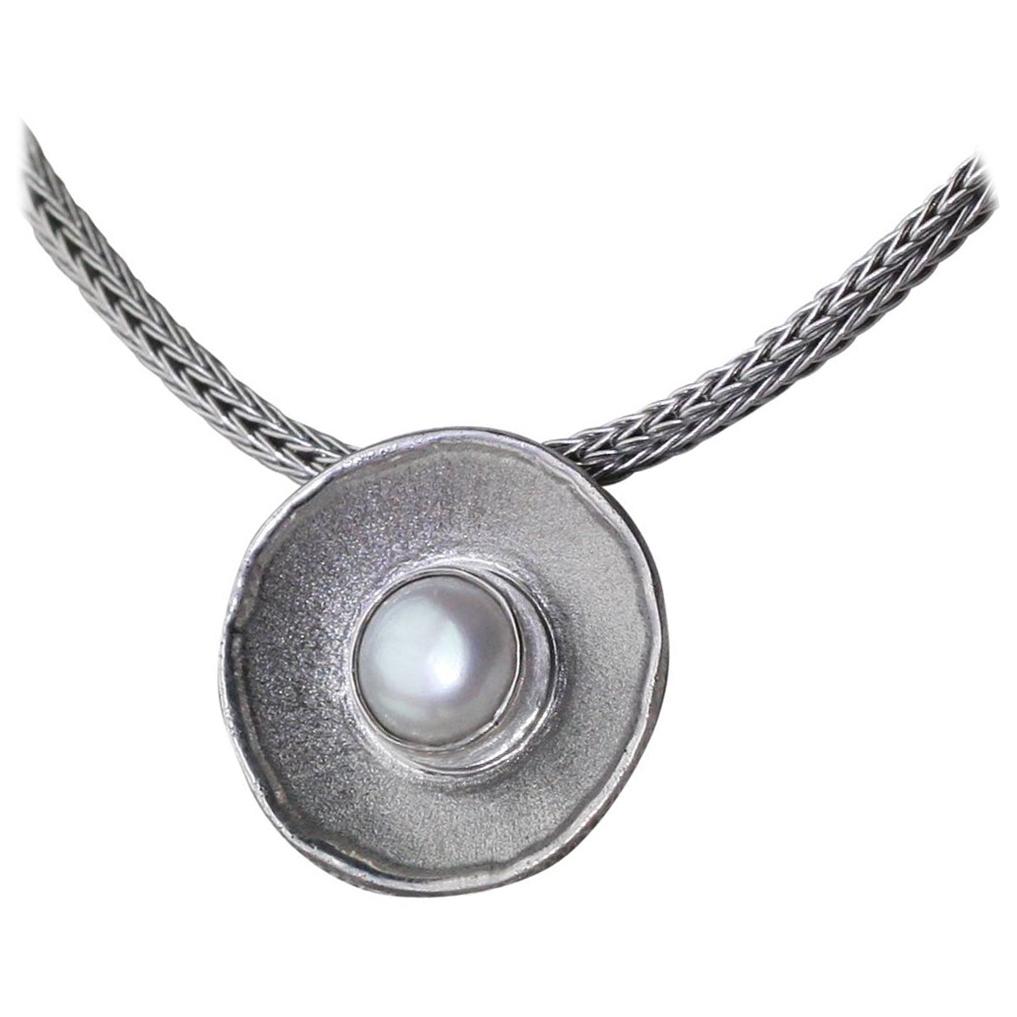 Yianni Creations Pearl Fine Silver Artisan Round Pendant  For Sale