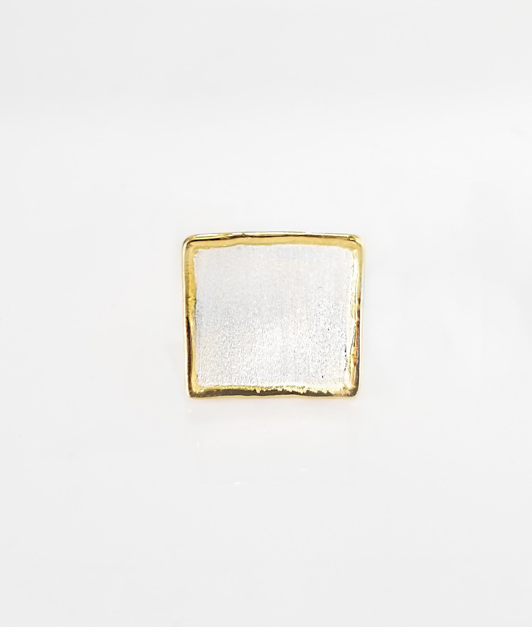 Yianni Creations handmade artisan ring from fine silver 950 purity plated with palladium to resist the elements. This square ring from Midas Collection has edges decorated with 24 Karat gold thick overlay. The special look is created by the brushed